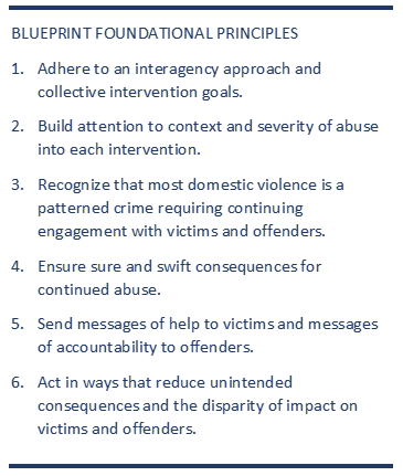 Blueprint Foundational Principles 1. Adhere to interagency approach 2. Build attention to context 3. Recognize that most domestic violence is a pattered crime 4. ensure sure and swift consequences 5. Send messages of help to victims 6. Act in way that reduce unintended consequences 